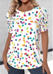 White Bowknot Polka Dot Short Sleeve Round Neck Blouse | thumb picture 