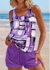 Tie Geometric Print Purple Tankini Set