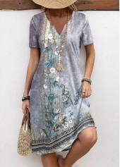 Grey Button Floral Print A Line Short Sleeve Dress