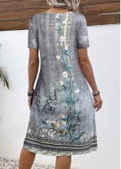 Grey Button Floral Print A Line Short Sleeve Dress | thumb picture 