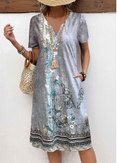 Grey Button Floral Print A Line Short Sleeve Dress | thumb picture 