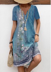 Blue Button Floral Print A Line Short Sleeve Dress