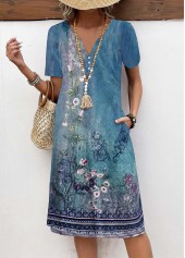 Blue Button Floral Print A Line Short Sleeve Dress | thumb picture 
