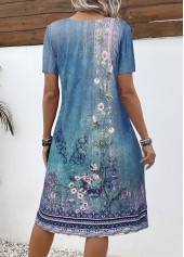 Blue Button Floral Print A Line Short Sleeve Dress | thumb picture 