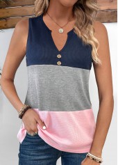 Pink Button Sleeveless Split Neck Tank Top