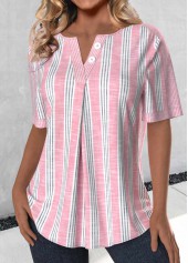 Light Pink Button Striped Short Sleeve Split Neck Blouse