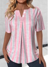 Light Pink Button Striped Short Sleeve Split Neck Blouse