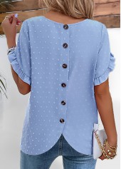 Dusty Blue Button Short Sleeve Round Neck Blouse