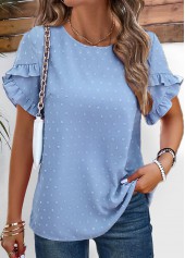 Dusty Blue Button Short Sleeve Round Neck Blouse