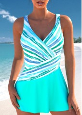 Patchwork Multi Stripe Print Mint Green One Piece Swimdress