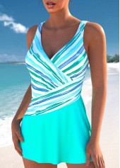 Patchwork Multi Stripe Print Mint Green One Piece Swimdress | thumb picture 