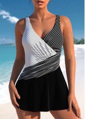 Surplice Striped Black One Piece Swimdress