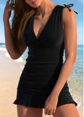 Ruched Black Wide Strap Swimdress Top-No Bottom | picture 3