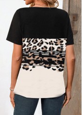 Black Button Leopard Short Sleeve Split Neck T Shirt | thumb picture 
