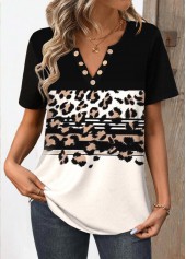 Black Button Leopard Short Sleeve Split Neck T Shirt | thumb picture 