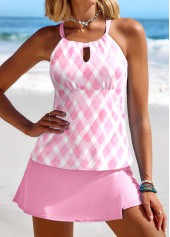 Cut Out Geometric Print Light Pink Tankini Set