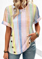 Multi Color Button Striped Short Sleeve T Shirt | thumb picture 