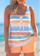 Lace Up Multi Stripe Print Orange Tankini Set