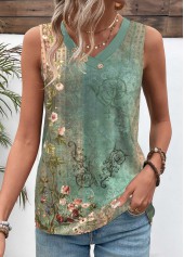 Green Patchwork Tribal Print Sleeveless V Neck T Shirt
