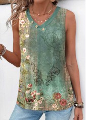 Green Patchwork Tribal Print Sleeveless V Neck T Shirt | thumb picture 