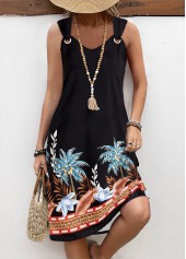 Black Circular Ring Leaf Print A Line Sleeveless Dress