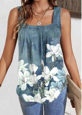 Dusty Blue Pleated Floral Print Sleeveless Tank Top | thumb picture 