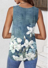 Dusty Blue Pleated Floral Print Sleeveless Tank Top | thumb picture 