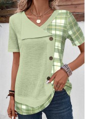 Light Green Patchwork Plaid Short Sleeve V Neck Blouse