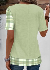 Light Green Patchwork Plaid Short Sleeve V Neck Blouse | thumb picture 