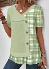 Light Green Patchwork Plaid Short Sleeve V Neck Blouse | thumb picture 