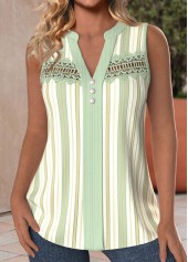 Light Green Patchwork Striped Sleeveless Split Neck Tank Top
