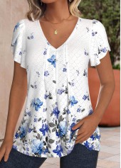 White Hollow Out Floral Print Short Sleeve T Shirt