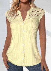 Light Yellow Button Short Sleeve Split Neck Blouse