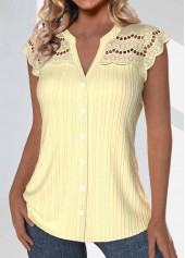 Light Yellow Button Short Sleeve Split Neck Blouse