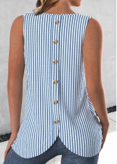 Blue Button Striped Sleeveless Round Neck Tank Top