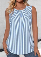 Blue Button Striped Sleeveless Round Neck Tank Top | thumb picture 
