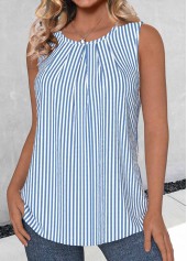 Blue Button Striped Sleeveless Round Neck Tank Top | thumb picture 