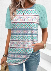 Mint Green Patchwork Geometric Print Short Sleeve T Shirt | thumb picture 