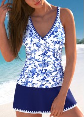 Surplice Random Floral Print Navy Tankini Set