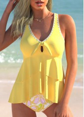 Layered Floral Print Light Yellow Tankini Set