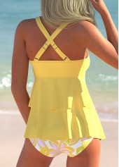 Layered Floral Print Light Yellow Tankini Set