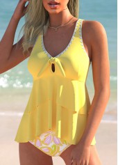 Layered Floral Print Light Yellow Tankini Set
