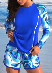 Patchwork Wave Pattern Print Royal Blue Tankini Set