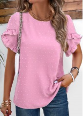 Pink Button Short Sleeve Round Neck Blouse | thumb picture 