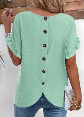 Light Green Button Short Sleeve Round Neck Blouse
