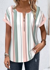 White Zipper Plus Size Striped Short Sleeve Blouse | thumb picture 