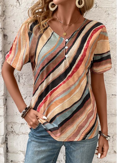 women clothes image of Multi Color Button Geometric Print Short Sleeve T Shirt