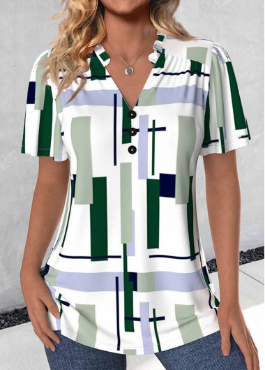 women clothes image of Multi Color Split Geometric Print Short Sleeve Blouse