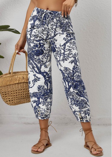 women clothes image of White Pocket Leaf Print Jogger Drawastring Mid Waisted Pants