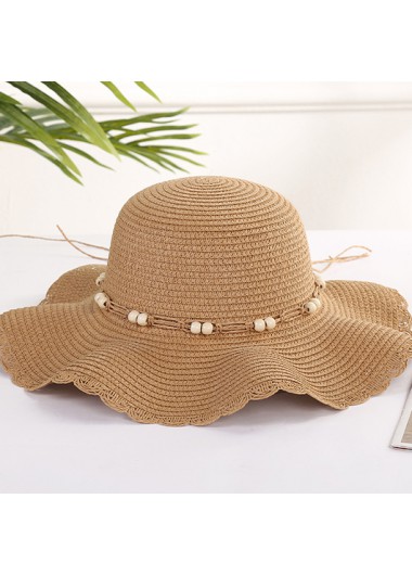 women clothes image of Dark Camel Beads Scalloped Hem Straw Hat